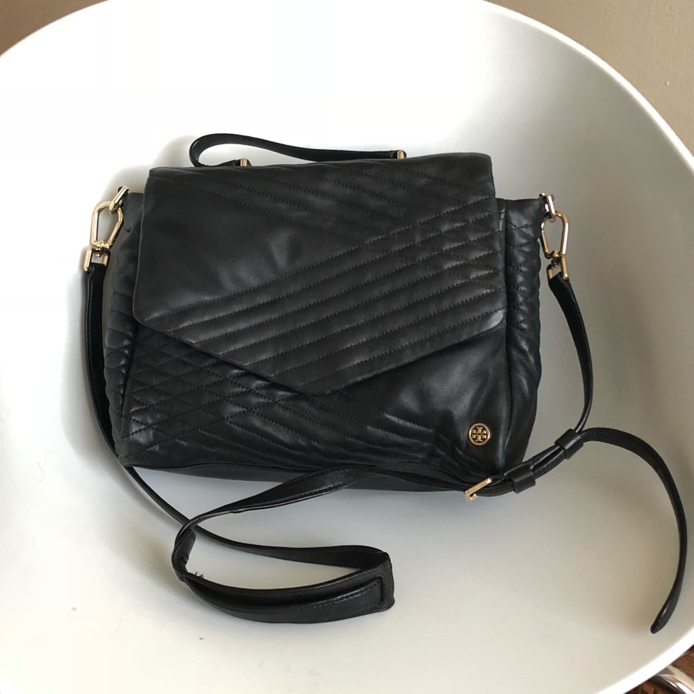 Tory Burch 797 Quilted Lambskin Satchel Bag, Black